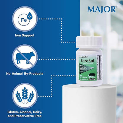 Major Ferosul - Ferrous Sulfate 325mg Tablets with 65mg of Elemental Iron - Iron Supplement for Women, Men - Green - 100 Count (2 Pack)