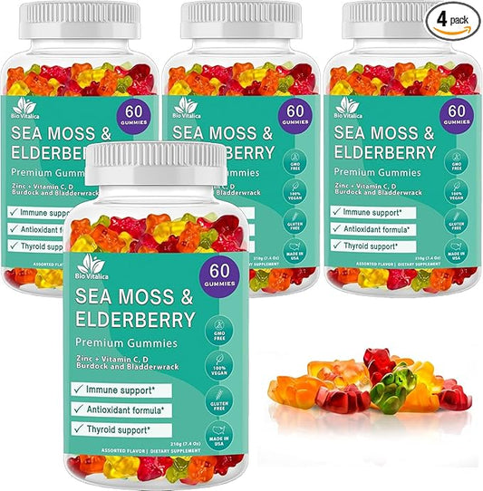 BIO VITALICA Sea Moss Gummies Elderberry BioVitalica - Vitamin C D + Zinc - Irish Seamoss Vegan Gummy with Sea Moss Gel & Powder for Immunity, Detox - for Adults and Kids (4Packs)