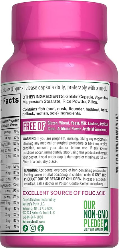 Nature's Truth Prenatal Vitamins With Folic Acid | 60 Capsules | Non-GMO & Gluten Free Supplement