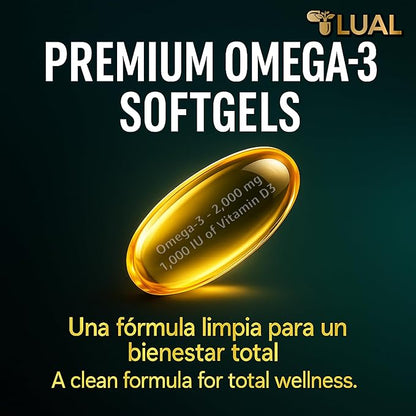 LUAL Omega-3 Fish Oil 2000mg with Vitamin D3 1,000 IU – Supports Eye, Brain, Bone and Heart Health – Lemon Flavor – 120 Softgels