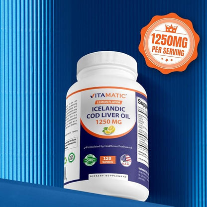 Vitamatic 2 Pack Icelandic Cod Liver Oil Capsules 1250mg 120 Softgels (Lemon Flavor) - Promotes Cardiovascular Health