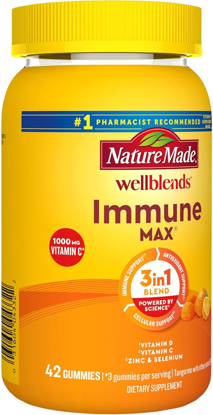 Nature Made Wellblends ImmuneMAX Gummies, Vitamin C 1000mg + Zinc, Selenium, & Vitamin D3 5000 IU, Immune Support Supplement, 42 Gummies