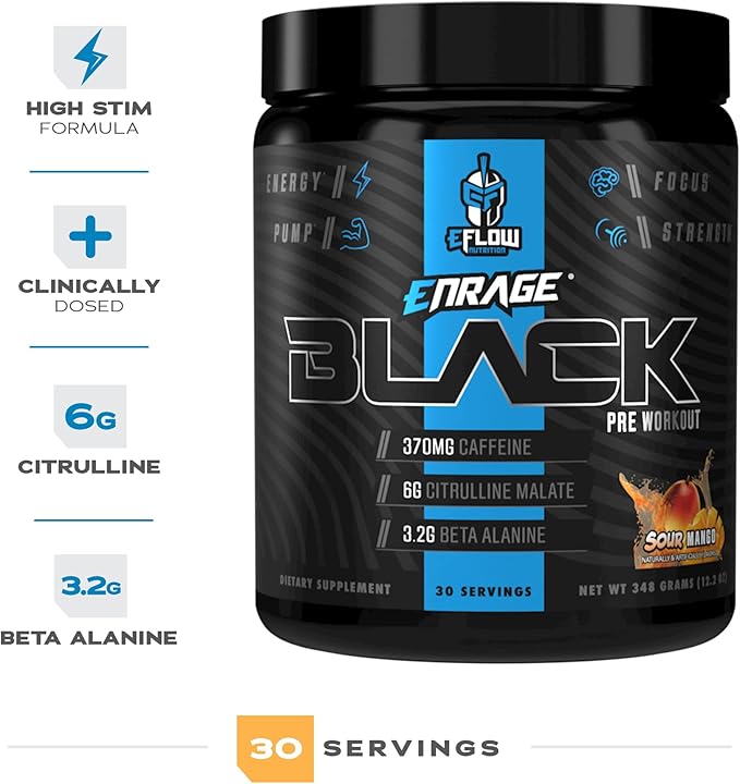 eFlow Nutrition Enrage Black High Stimulant Pre Workout Supplement - Preworkout Powder to Boost Energy, Pumps and Strength - 4 Flavors (30 Servings) (Sour Mango)