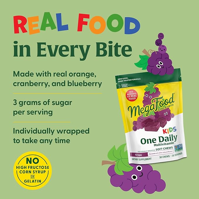 MegaFood Kids One Daily Multivitamin Soft Chews - Kids Vitamins with Vitamin B, Vitamin C, Vitamin D & Vitamin E - Age 4+, Vegetarian, Made Without 9 Food Allergens - Grape Flavor - 30 Chews (2 Pack)