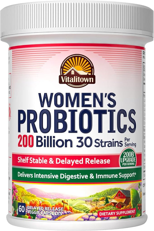 Vitalitown Women’s Probiotics | 200 Billion CFUs 30 Strains | 60 ct | Shelf Stable, Acid Resistant | Replenish Good Bacteria, Intensive Digestive & Vaginal Support | Vegan, Non-GMO