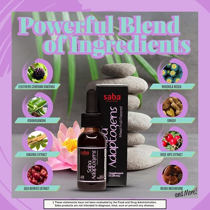 Saba Adaptogens - Super Concentrated - Eleuthero, Ginger, Rhodiola, Ginseng, Mushroom, Ginko, Acai - Supports Immune Response, Mood, Mental Performance & Fatigue -30 Servings