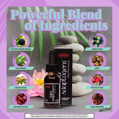 Saba Adaptogens - Super Concentrated - Eleuthero, Ginger, Rhodiola, Ginseng, Mushroom, Ginko, Acai - Supports Immune Response, Mood, Mental Performance & Fatigue -30 Servings