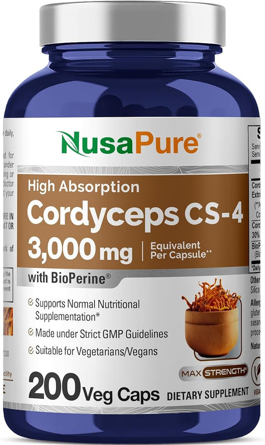 NusaPure Cordyceps 20:1 Extract, 150 mg Equivalent to 3,000mg 200 Veggie Capsules (Sinensis CS-4, Non-GMO, Vegan) Bioperine