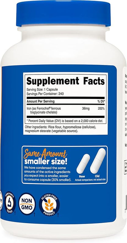 Nutricost Chelated Iron, As Ferrochel, 36mg, 240 Capsules (3 Bottles)