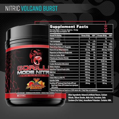 Gorilla Mode Nitric Upgraded Stimulant Free Pre-Workout – Best Tasting and Most Effective Stimulant Free Pre-Workout/Massive Pumps · Vasodilation · Power / 768 Grams (Volcano Burst)