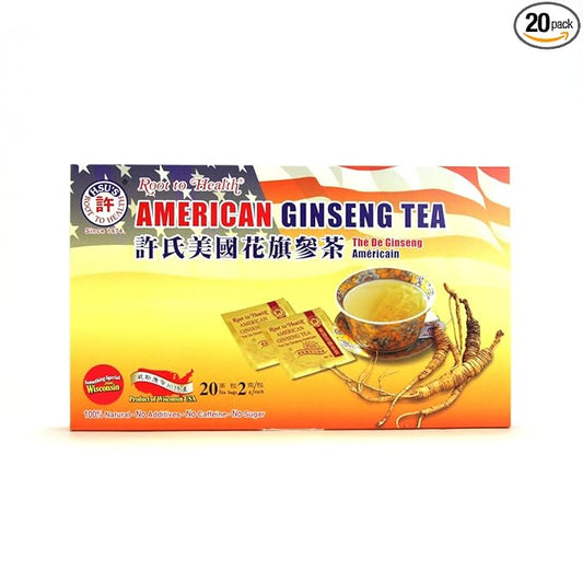 Hsu's Ginseng SKU 1034 | American Ginseng Tea, 20ct | Cultivated Wisconsin American Ginseng direct from Hsu's Ginseng Gardens | 许氏花旗参茶 | 20ct Box,西洋参, B000153R40