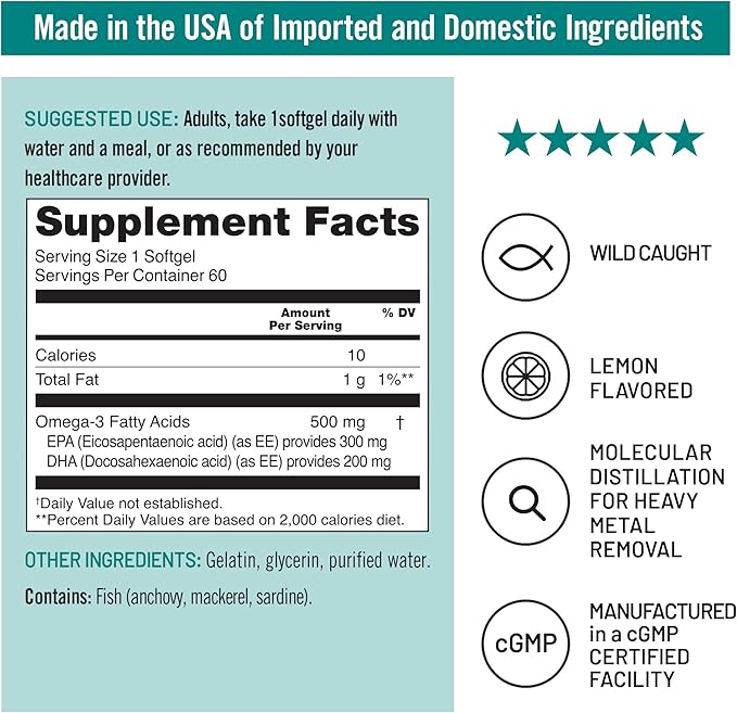 NatureWise Omega 3 Fish Oil - 500 mg per Pill - EPA & DHA - Immune Support, Brain & Optimal Wellness - Gluten and Soy Free, Non-GMO - 60 Softgels[2-Month Supply]