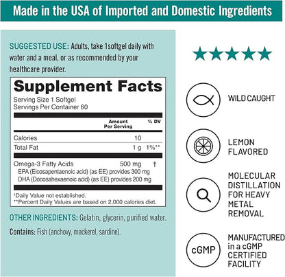 NatureWise Omega 3 Fish Oil - 500 mg per Pill - EPA & DHA - Immune Support, Brain & Optimal Wellness - Gluten and Soy Free, Non-GMO - 60 Softgels[2-Month Supply]