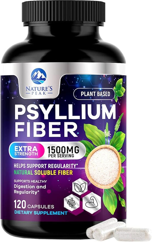 Psyllium Husk Powder Caps 1500mg - Non-GMO, Natural Soluble Fiber for Daily Digestive Health & Regularity Support, Vegan Psyllium Fiber Supplement with Plant Based Fiber, Sugar Free - 120 Capsules