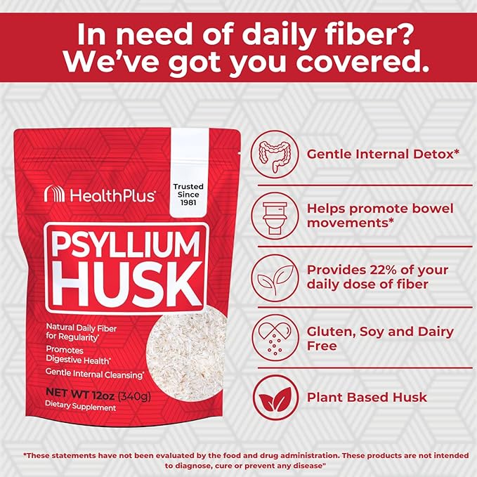 Health Plus, Psyllium Husk, 12 oz, 48 Servings - Natural Detox, Daily Dietary Fiber Supplement, Constipation Relief, Gentle Gut Cleanse, Keto Baking