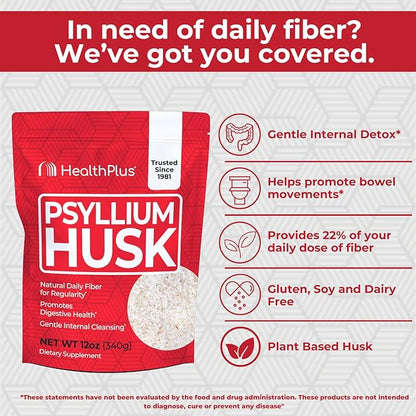 Health Plus, Psyllium Husk, 12 oz, 48 Servings - Natural Detox, Daily Dietary Fiber Supplement, Constipation Relief, Gentle Gut Cleanse, Keto Baking
