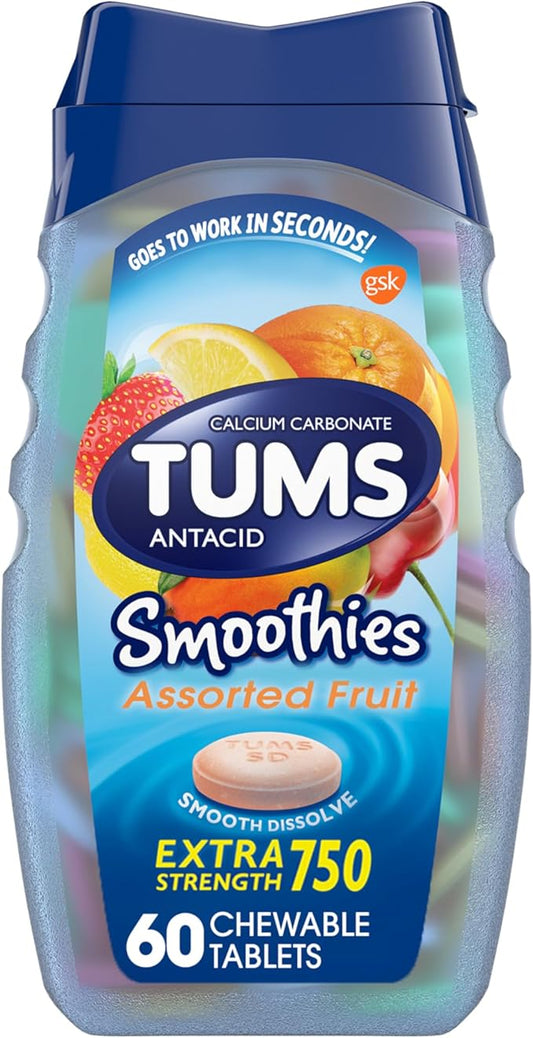 TUMS Smoothies Extra Strength Antacid Chewable Tablets for Heartburn Relief, Assorted Fruit - 60 Count (Pack of 1)