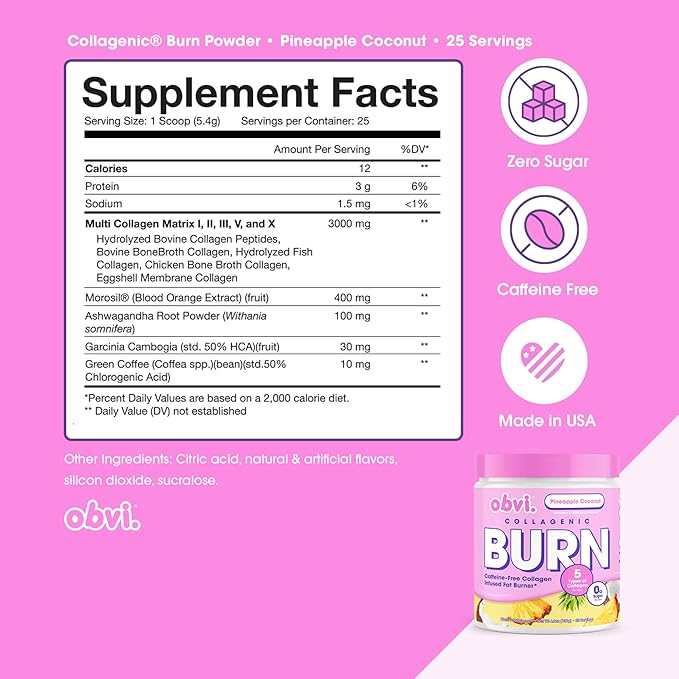 Obvi Collagenic Burn Powder | Multi-Collagen Peptide Blend with GBB, Ashwagandha & Green Coffee | Boosts Metabolism, Supports Skin, Hair, Nails, Joints | Pineapple Coconut 25 Servings