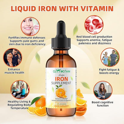 Iron Liquid Drops for Women & Men - 18mg High Absorption Liquid Iron Supplement for Anemia, Red Blood Cell, Energy Support & Immune Health, Vegan, Non-GMO, Natural Orange Flavor (2 Fl Oz)