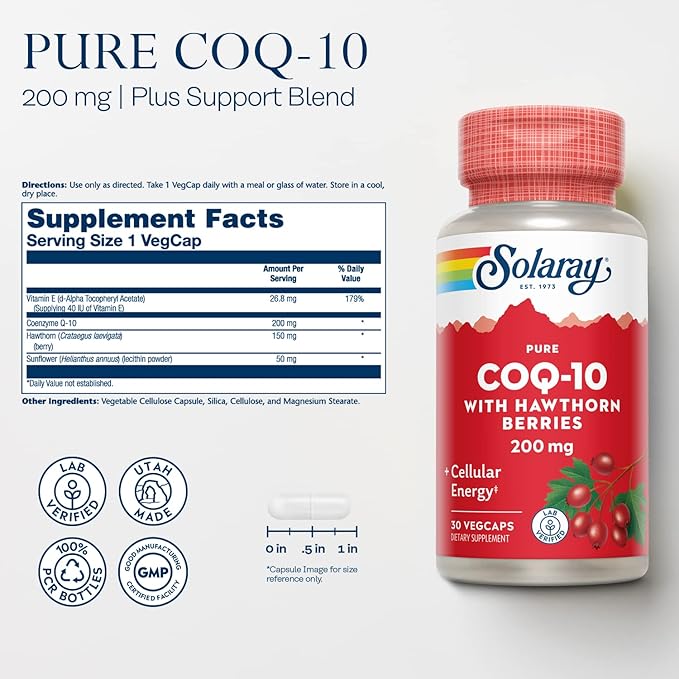 SOLARAY Pure CoQ-10 200 mg | Healthy Heart Function & Cellular Energy Support | Enhanced with Herb Blend | 30 VegCaps