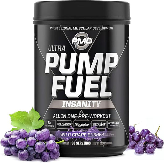 PMD Sports Ultra Pump Fuel Insanity - Pre Workout Drink for Energy, Strength, Endurance, Recovery - Complex Carbohydrates and Amino Energy - Wild Grape Gusher (30 Servings)