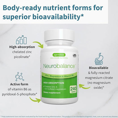 Igennus Neurobalance High Absorption Zinc Magnesium & B6 Complex, Cognitive Support, Focus & Recovery, 24mg Chelated Zinc Picolinate, Oxide-Free Magnesium, Vegan, Non-GMO, 240 Tablets