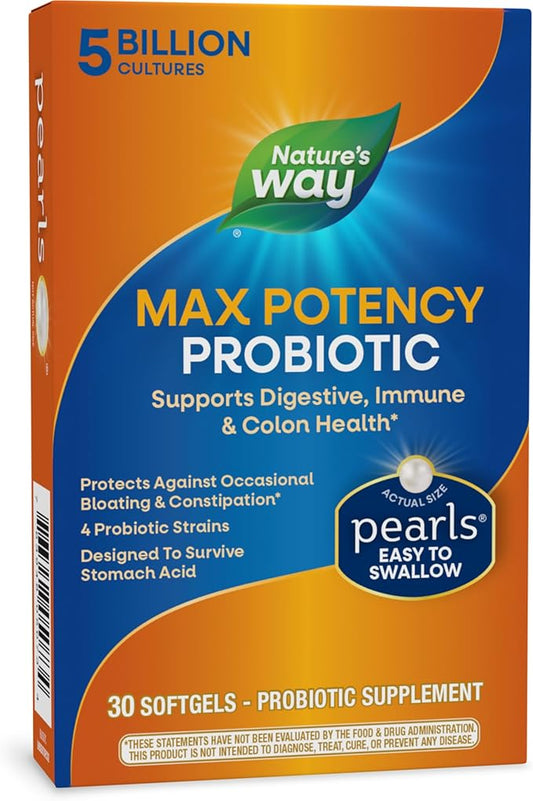 Nature's Way Max Potency Probiotic Pearls for Men and Women, Supports Digestive, Immune, Colon Health*, 5 Billion Live Cultures, No Refrigeration Required, 30 Softgels