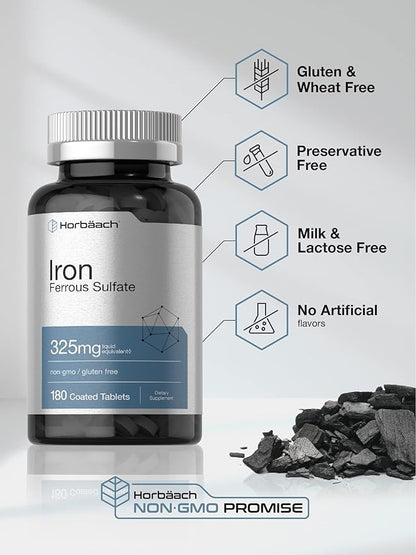 Horbäach Iron Ferrous Sulfate 325mg | 180 Count | Vegetarian, Non-GMO & Gluten Free Dietary Supplement