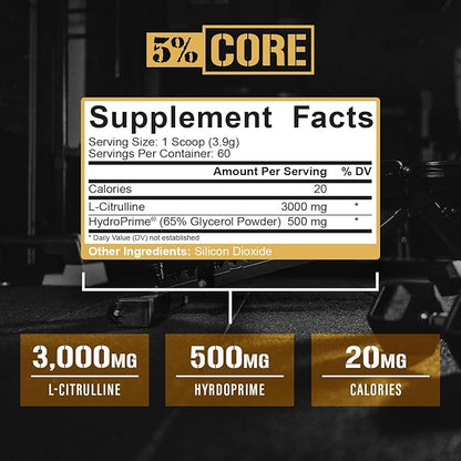 5% Nutrition Core L-Citrulline 3000 with Glycerol | Nitric Oxide Booster & Muscle Pump Supplement | Pre-Workout Additive | Unflavored (60 Servings)