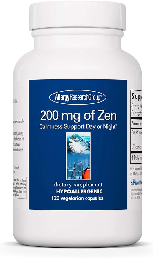 Allergy Research Group 200mg of Zen Supplement - GABA, L-Theanine, Calmness Support, Day or Night, Hypoallergenic, Vegetarian Capsules - 120 Count