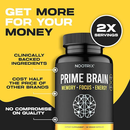 Prime Brain Nootropic Supplement | Supports Memory, Mental Focus, Cognitive Health & Energy | Promotes Healthy Mood & Brain Function | Ginkgo Biloba, Lion's Mane & L Theanine | 60 Capsules