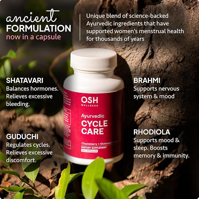 Holistic PMS & Symptom Relief for Women | Ayurvedic Menstrual Cycle Regulator | Made in USA | Eases Hormonal Cramps, Bloating & Acne | Vitex, Bacopa, Shatavari, Borage Oil & Brahmi– OSH Wellness