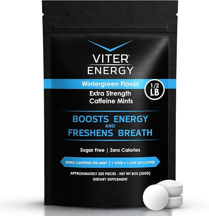 Viter Energy Extra Strength Caffeinated Mints 80mg Caffeine, B Vitamins, Sugar Free. (Wintergreen, 8oz, Bulk Bag)