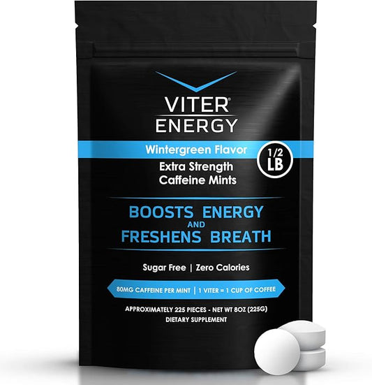 Viter Energy Extra Strength Caffeinated Mints 80mg Caffeine, B Vitamins, Sugar Free. (Wintergreen, 8oz, Bulk Bag)