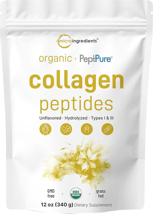Micro Ingredients Organic Hydrolyzed Collagen Peptides Powder, 12oz | Type I & III Bovine Collagen for Women & Men | High Absorption | Unflavored, Keto & Paleo Friendly | Easy to Mix, Non-GMO