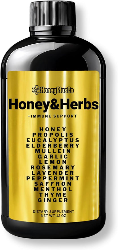 HoneyPlusCo | Honey&Herbs - Natural Honey Cough & Cold Relief +Immune Support - BroncoHoney (Reinforced with Propolis, Garlic, Lemon, Mint, Eucalyptus & More for Cough, Cold, Allergy) - 12 Oz