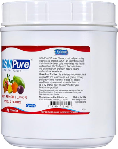KALA HEALTH MSMPure Fruit Punch Flavored Coarse MSM Powder Flakes – US-Sourced MSM for Joint Health, Skin Appearance, and Hair & Nail Support – 2.2 lb, Organic Sulfur