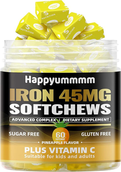 Iron Soft Chews Supplement with Vitamin C | Pineapple Flavored | Gluten Free | Iron Supplement for Women Men and Kids | 60 Count | 2 Month Supply