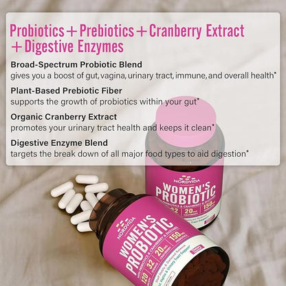 Women's Probiotic, 120 Billion & 32 Strains with Cranberry, Prebiotics & Digestive Enzymes, Gut, Vaginal & Urinary Tract Support, 30 Delayed Release Capsules