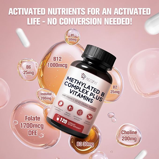 Methylated Multivitamin B-Complex with Vitamin C, D3, K2, Choline & Inositol – Active B12, B6 & Folate (L-5-MTHF) – Supports Energy, Nerve & Heart Health – CoQ10 & Alpha Lipoic Acid – 120 Capsules