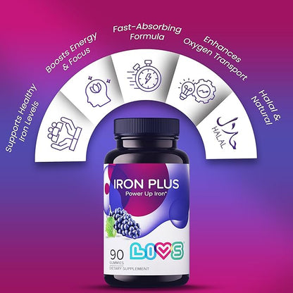 Iron Gummies with Vitamin C for Women, Men & Kids | Chewable Supplement as Gummy with Vitamin B12, B3,B5,B6, Folate & Zinc | Energy Support, Non GMO & Gluten Free | 20mg Iron/Dose -180 Count