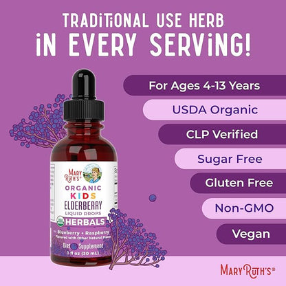 MaryRuth Organics USDA Organic Elderberry Liquid Drops for Kids | Vegan Elderberry Extract Organic Glycerin | Immune Support Supplement | Overall Health | Formulated for Ages 4-13 | 1oz