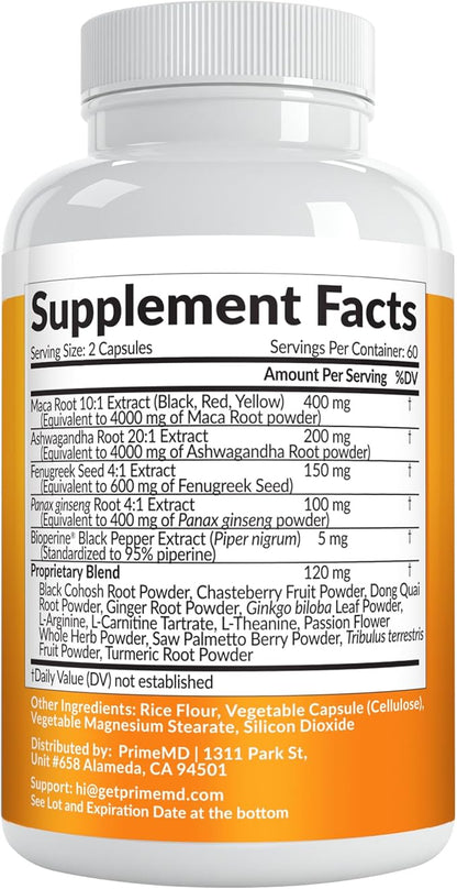 PrimeMD 19-in-1 Extra Strength Peruvian Maca Root Capsules - 9125 mg Ashwagandha Supplements with Fenugreek and Ginseng for Mood, Hormone and Performance Support (120 ct) (2-Pack)