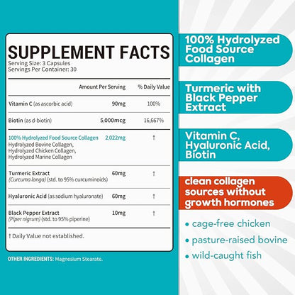 Multi Collagen Complex, Type I, II, III, 6-in-1 Super Collagen with Vitamin C, Hyaluronic Acid, Biotin, Turmeric, Black Pepper, Keto, 90 Capsules