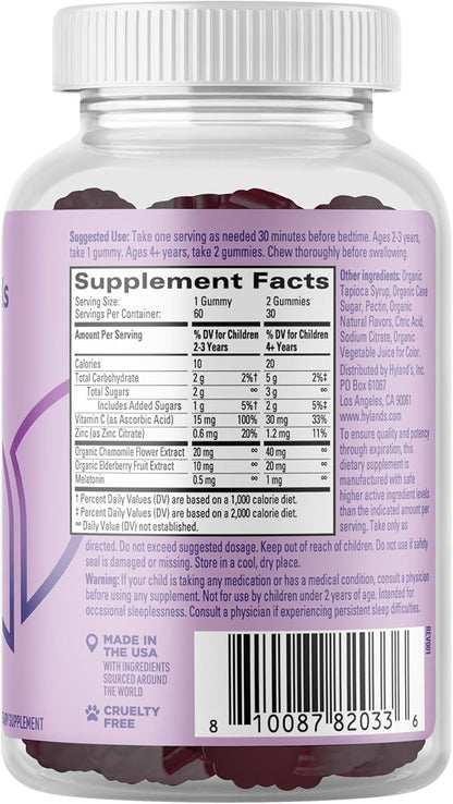 Hyland's Kids Sleep Aid, Calm and Immune Support, with Melatonin Sleep Aid Gummies, Helps with Sleeplessness and Restlessness, with Chamomile and Elderberry, 60 Vegan Gummies