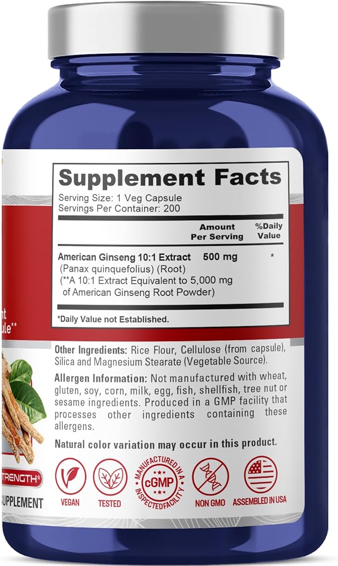 NusaPure American Ginseng 10:1 Extract, 500 mg Equivalent to 5000mg - 200 Veggie Capsules (Vegetarian, Non-GMO, Vegan)