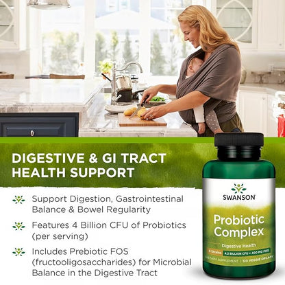 Swanson Probiotic Complex 4.2 Billion CFU 5-Strain Digestive Health Fat Metabolism Satiety Prebiotic FOS Complex Supplement 120 Veggie DRcaps (2 Pack)