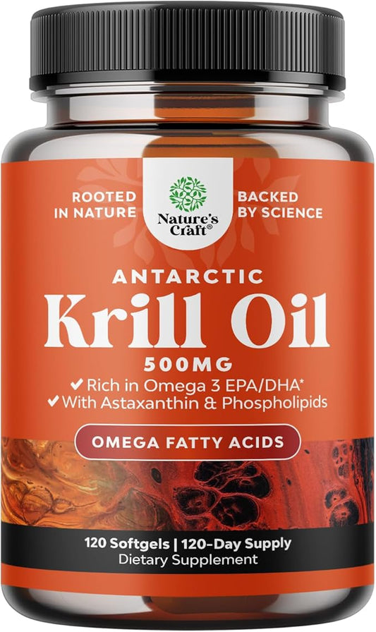 Antarctic Krill Oil 500mg Softgels - High Absorption Omega 3 Fatty Acid Supplement with Potent EPA DHA Astaxanthin and Phospholipids - Wild Caught Burpless Fish Oil Omega 3 Supplement