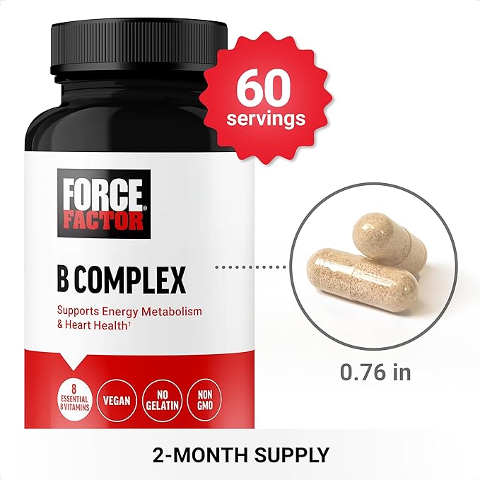 FORCE FACTOR Vitamin B Complex to Support Energy, Vitality, and Heart Health, Includes Vitamin B1, Vitamin B2, Vitamin B3, Vitamin B6, Vitamin B12, and More, Vegan, Non-GMO, 60 Vegetable Capsules