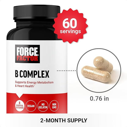 FORCE FACTOR Vitamin B Complex to Support Energy, Vitality, and Heart Health, Includes Vitamin B1, Vitamin B2, Vitamin B3, Vitamin B6, Vitamin B12, and More, Vegan, Non-GMO, 60 Vegetable Capsules
